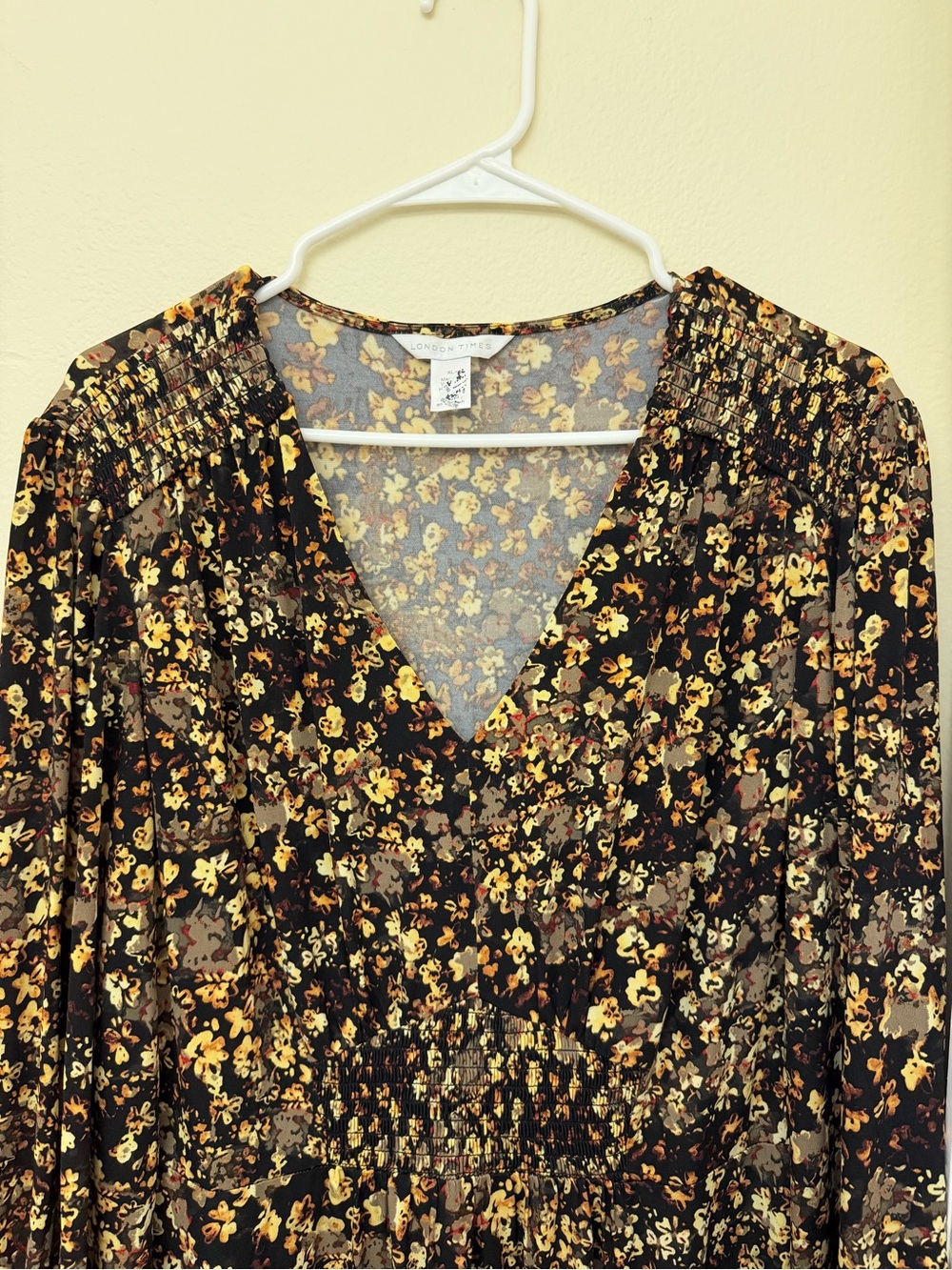 London Times Black Floral V-Neck Smocked Waist Tunic
